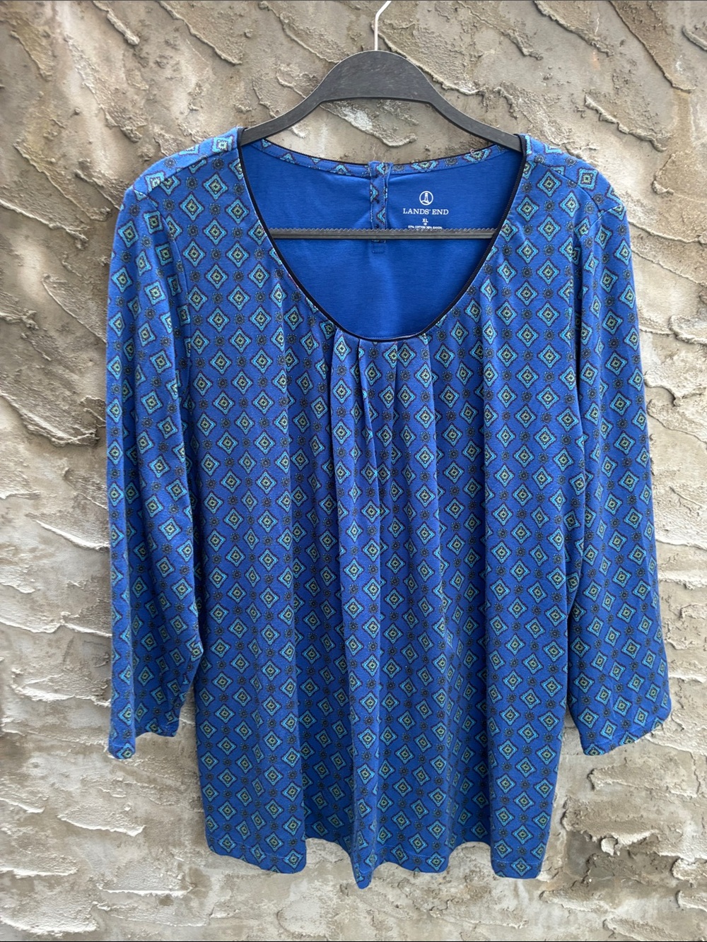 Lands' End Royal Blue Geometric Scoop Neck Tunic 3/4 Sleeves 18